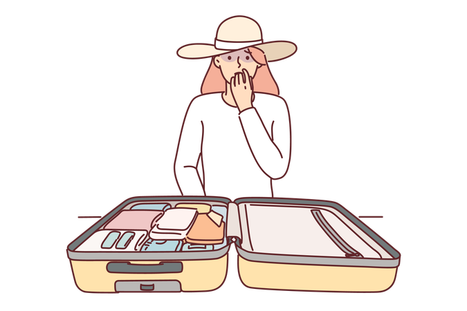 Woman tourist with travel suitcase and worried about losing money  Illustration