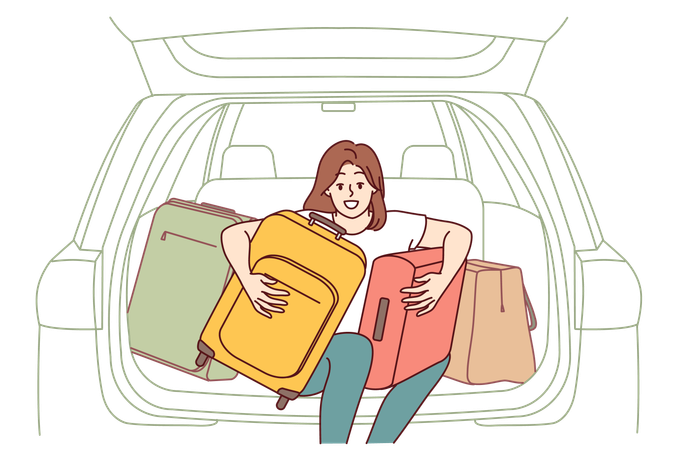 Woman tourist with travel suitcases sits in trunk of car getting ready for trip to another city  Illustration