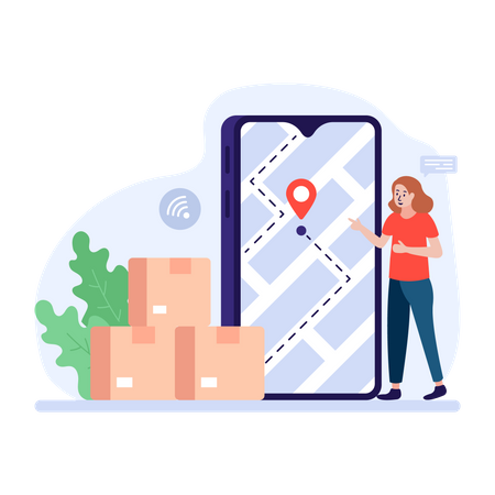 Woman tracking delivery location using tracking app  Illustration