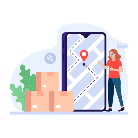 Woman tracking delivery location using tracking app Illustration