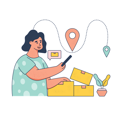 Woman tracking parcel location via mobile app  Illustration