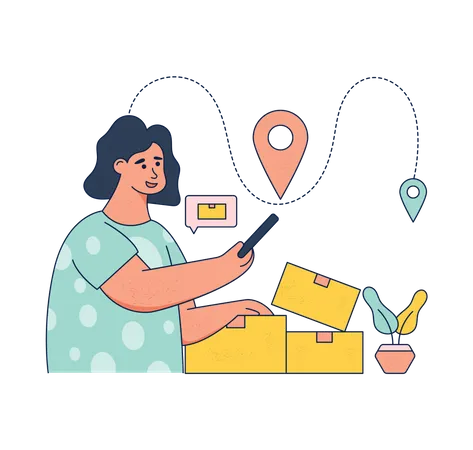 Woman tracking parcel location via mobile app  Illustration