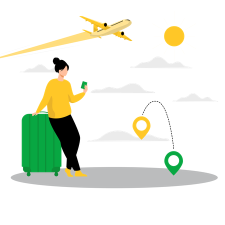 Woman tracking plane location using mobile app  Illustration