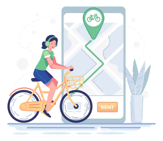 Woman tracking ride using mobile app Illustration