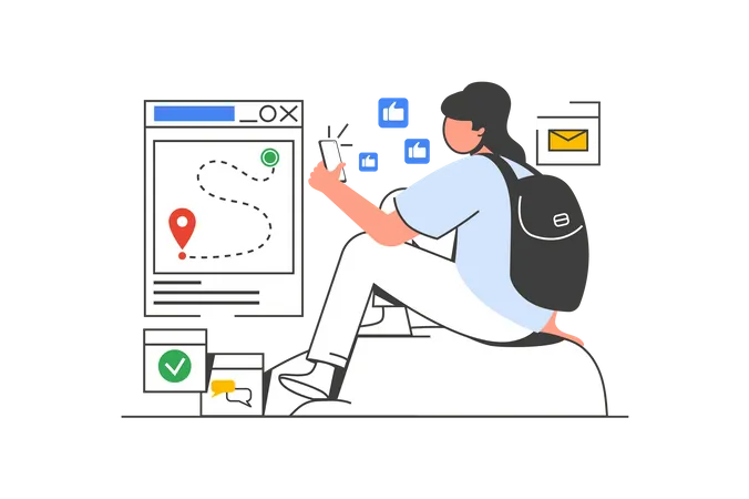 Traveling Outline Web Concept With Character Scene Woman With Backpack Tracking Route In Mobile App People Situation In Flat Line Design Vector Illustration For Social Media Marketing Material Illustration