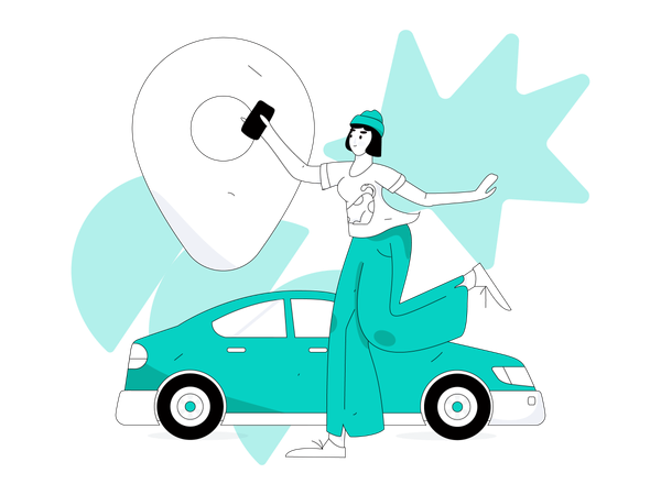 Woman tracking taxi location  Illustration