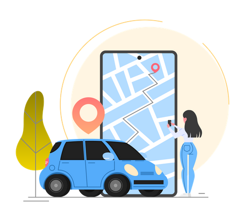 Woman tracking taxi through app Illustration