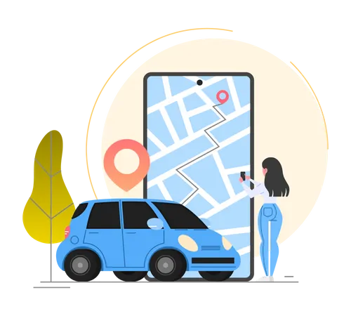 Woman tracking taxi through app Illustration