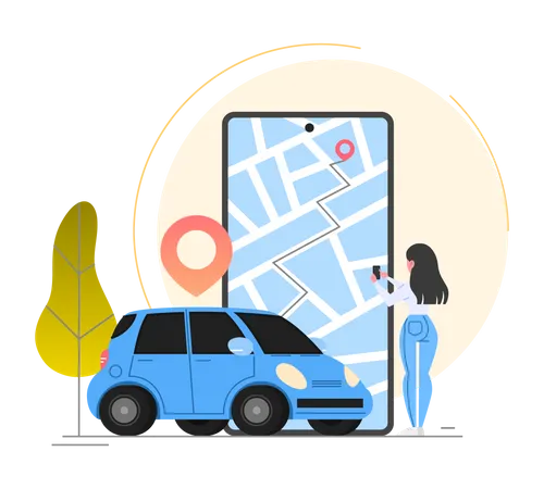 Woman tracking taxi through app  Illustration