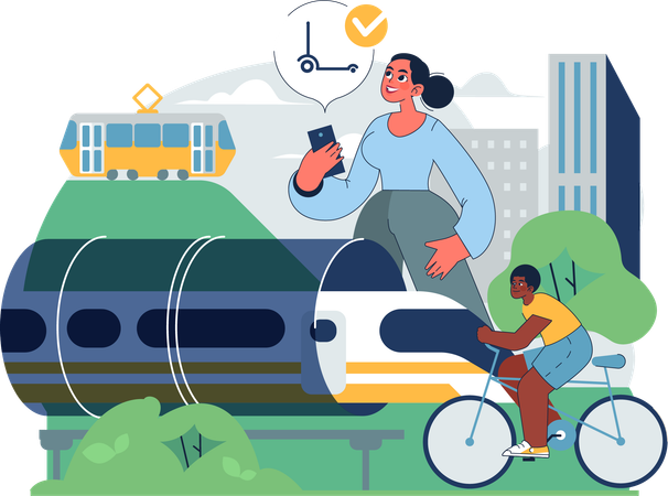 Woman tracks route of metro train  Illustration