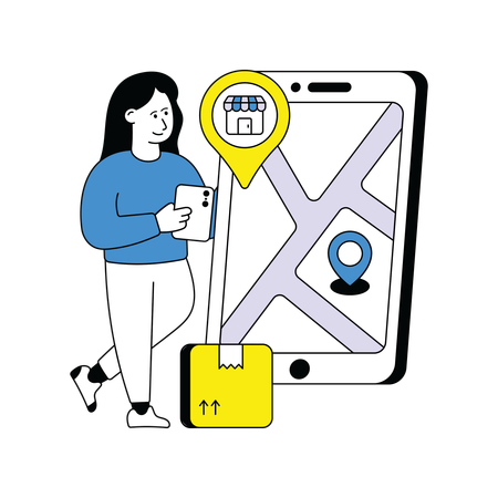 Woman tracks Shopping Location  Illustration