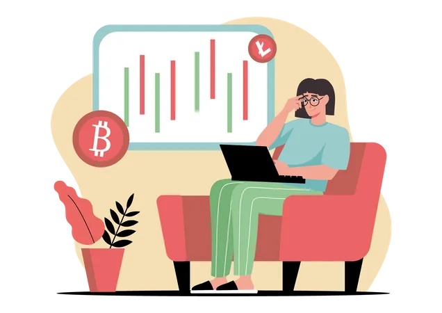 Woman trading cryptocurrency online Illustration