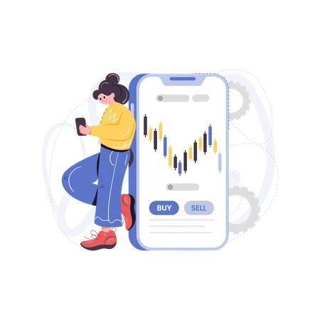 Woman trading in forex market using mobile app Illustration