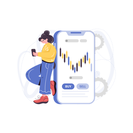 Woman trading in forex market using mobile app  Illustration