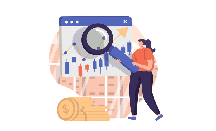 Woman trading in stock market using technical analysis  Illustration