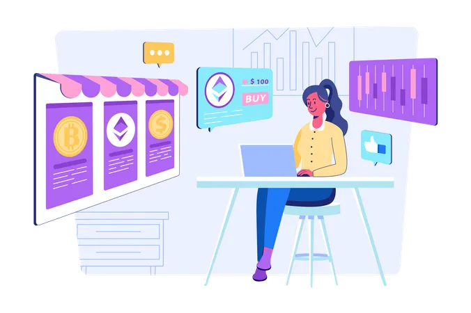 Woman trading on cryptocurrencies Illustration