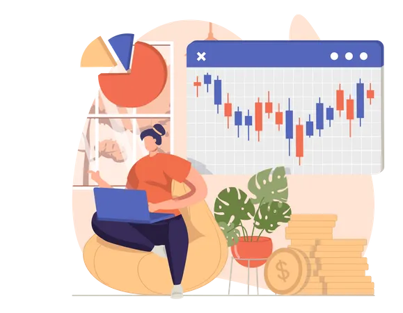 Woman trading stocks using laptop  Illustration