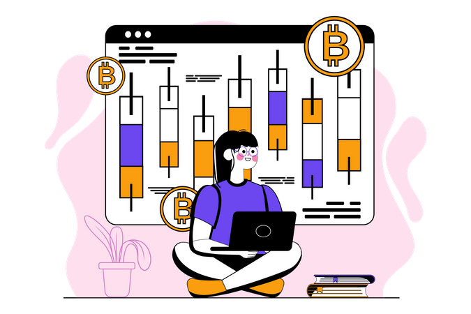 Woman trading using Bitcoin candlestick Illustration