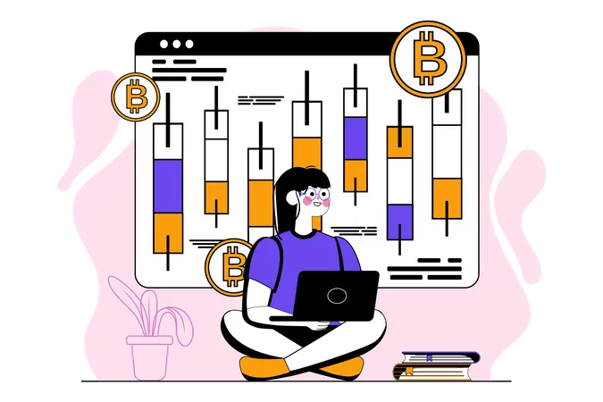 Woman trading using Bitcoin candlestick Illustration