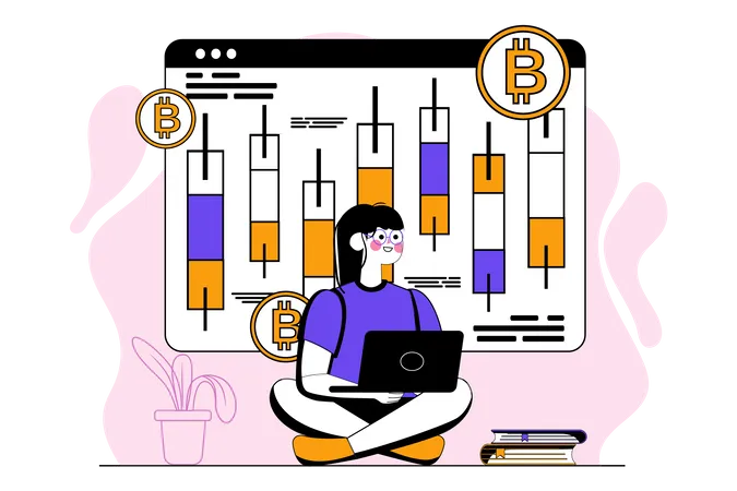 Woman trading using Bitcoin candlestick  Illustration