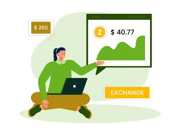 Woman trading Z coin online Illustration