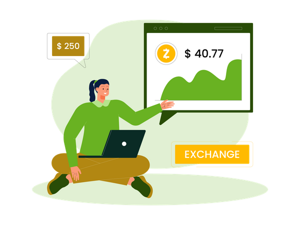 Woman trading Z coin online  Illustration