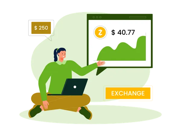 Woman trading Z coin online  Illustration