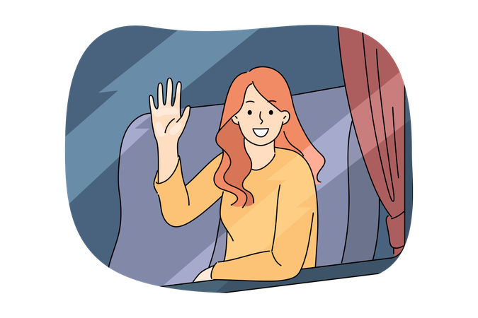 Woman train passenger waves hand in greeting and looks out window  Illustration