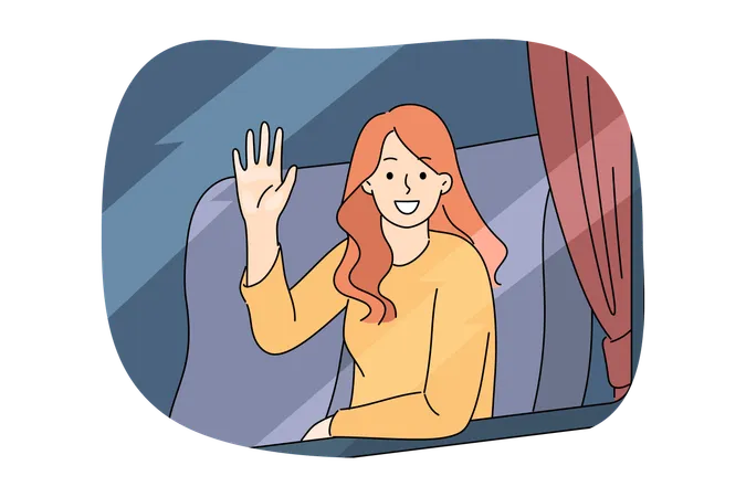 Woman train passenger waves hand in greeting and looks out window  Illustration