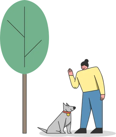 Dog Training Concept Happy Woman Train The Dog In The City Park Or Dog Area Dog Playground In The Park Female Is Playing With Pet In Urban Dog Park Cartoon Linear Outline Flat Vector Illustration Illustration
