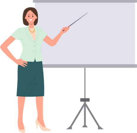 Woman trainer giving presentation nearby whiteboard  Illustration