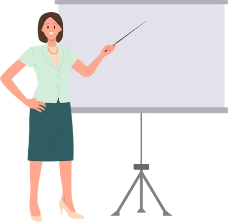 Woman trainer giving presentation nearby whiteboard  Illustration