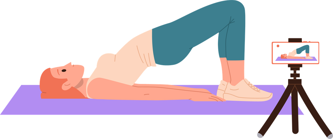 Woman trainer streaming online class of yoga recording video on smartphone  Illustration