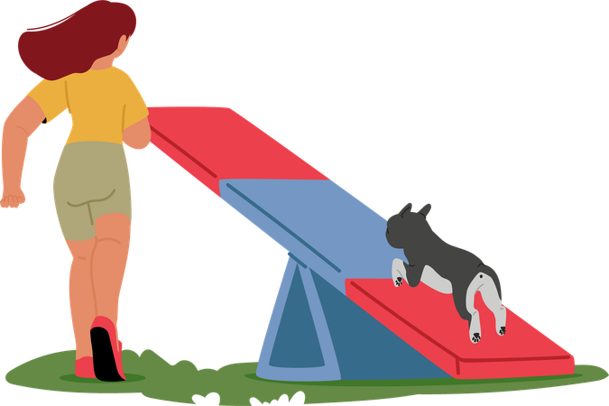 Woman training dog in agility course  Illustration