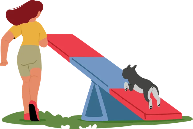 Woman training dog in agility course  Illustration