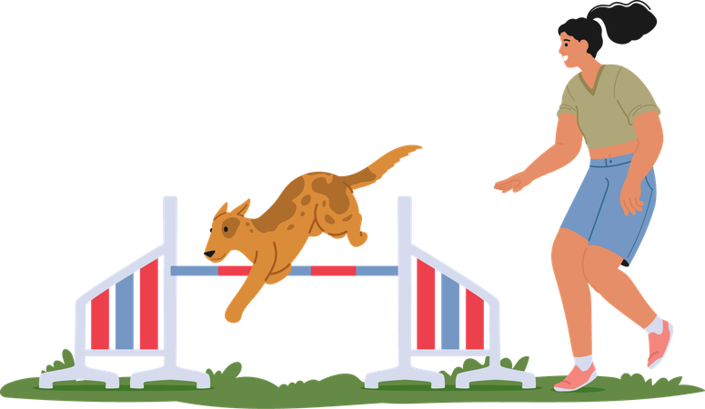 Woman training dog in agility course  Illustration