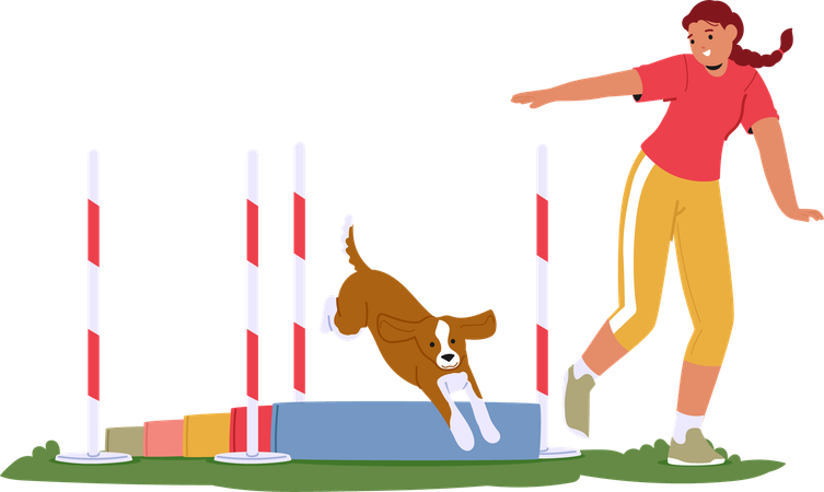 Woman training dog to jump over obstacles  Illustration