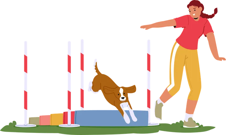 Woman training dog to jump over obstacles  Illustration