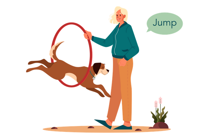 Woman training dog to jump the ring  Illustration