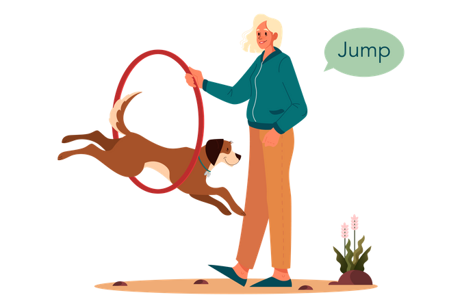 Woman training dog to jump the ring  Illustration
