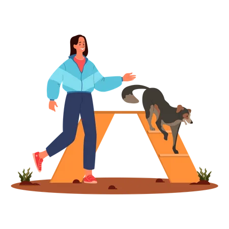 Dog Agility Dog Walk Training Exercise For Pet Woman Training Her Pet Dog Happy Puppy Having Agility Lesson Good Trainer Outdoor Isolated Vector Illustration In Cartoon Style Illustration