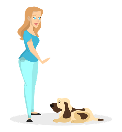 Woman training her pet dog  Illustration