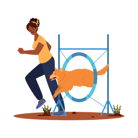 Woman training her pet dog into tire jump  Illustration