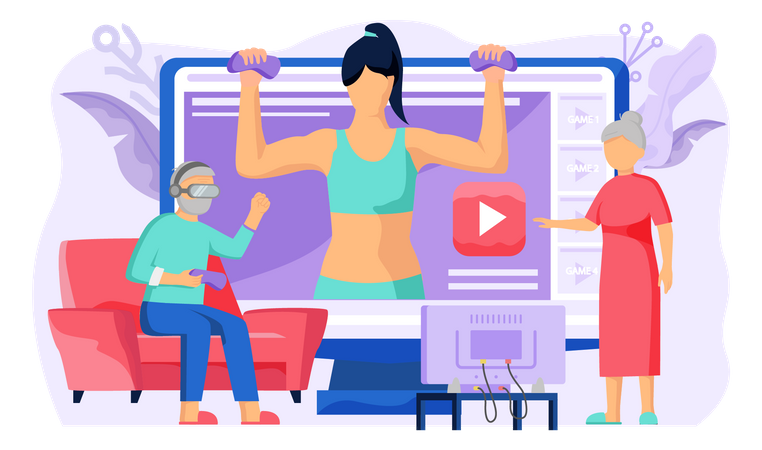 Woman training in online fitness tutorial video  Illustration