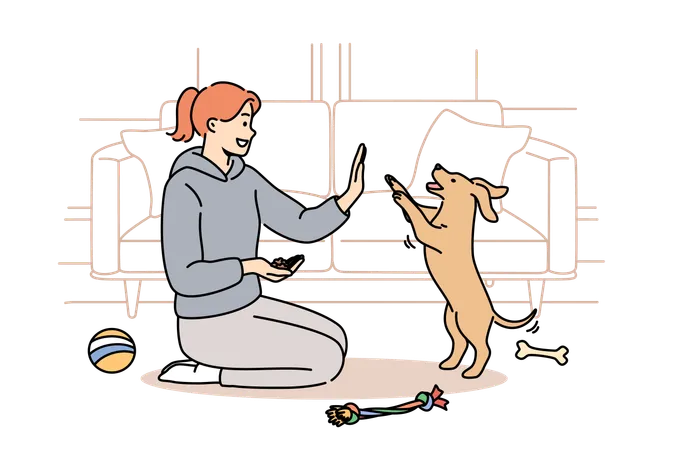 Woman trains dog while sitting on floor near sofa and giving food to puppy after following command  Illustration