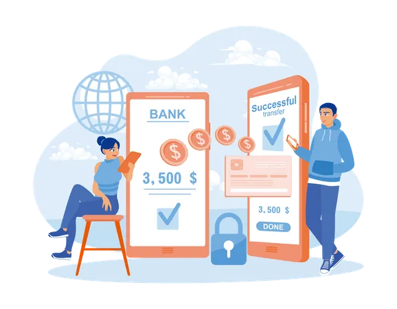 Woman transfer money in digital account using online banking  Illustration