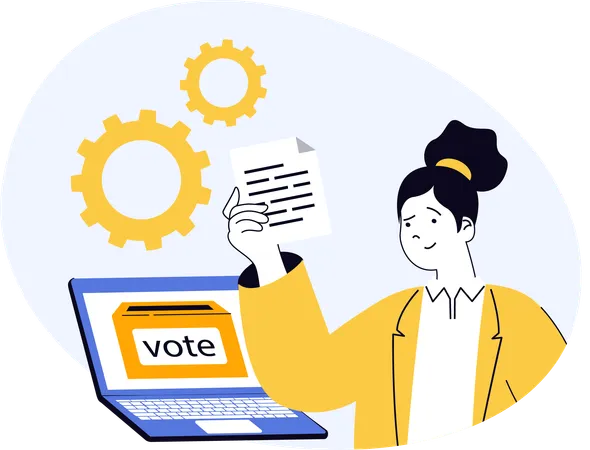 Woman transferring online votes from laptop  Illustration