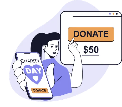 Woman transfers money for online donation  Illustration