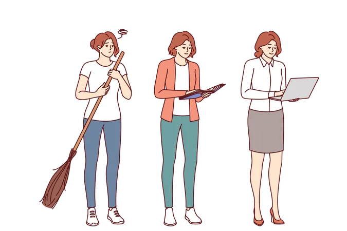 Social Evolution For Women In Management Positions Transforming From Housewife With Broom Into Manager With Laptop Evolution And Progress For Girls Through Inclusion And Gender Equality Laws Illustration