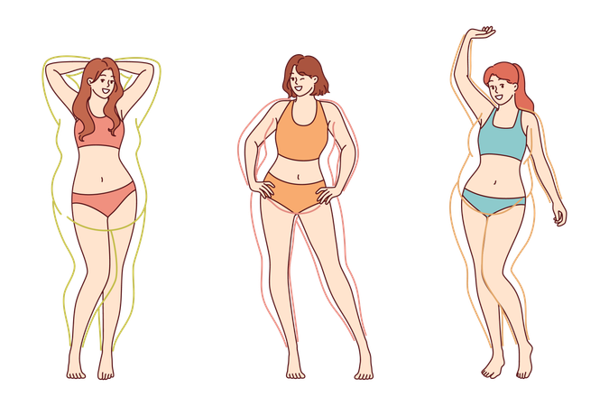 Woman transformation through losing excess weight and gaining built-in body after liposuction  Illustration